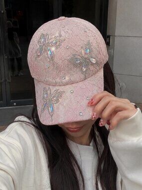 NWOT ~ Rhinestone Jeweled Butterfly Lace Pattern Adjustable Baseball Cap